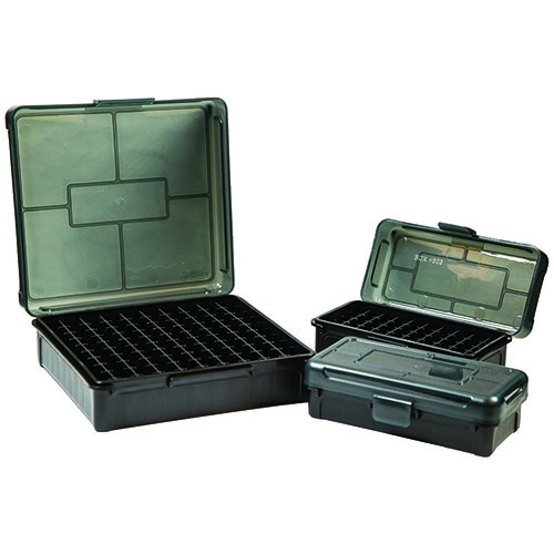 Die Frankford Arsenal Hinge-Top Ammo Box bietet eine robuste mechanische Kunststoffscharnier, ist stapelbar und öffnet flach – perfekt für deine Munition!