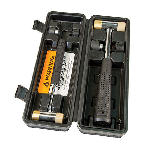 Das Wheeler Master Gunsmith Interchangeable Hammer Set bietet dir 2 Hammerkörper und 8 Hammerköpfe aus Metall, Messing, Nylon und Gummi für vielseitige Anwendungen.