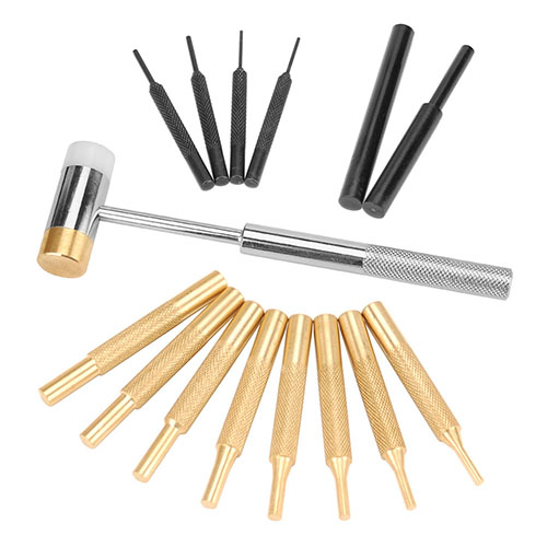 Das Wheeler® Hammer und Punch Set bietet einen Polymer/Brass Hammer, 14 präzise Punches und eine praktische Box – ideal für Pins und Visierungen!