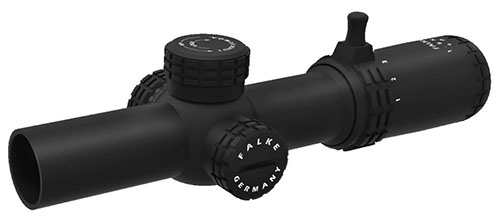 Il FALKE 1-8x24 SAS offre precisione con regolazioni 0.1 MRAD, controllo della magnificazione, filtro intercambiabile e resistenza a acqua e nebbia.