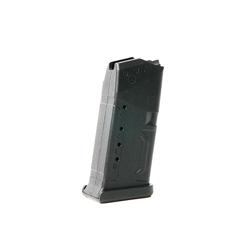 Das 10 Round Glock Magazin 9mm bietet eine Edelstahlfeder, abnehmbare Bodenplatte zur Reinigung, Farbpunktmatrix zur Identifikation und Kapazitätsfenster.