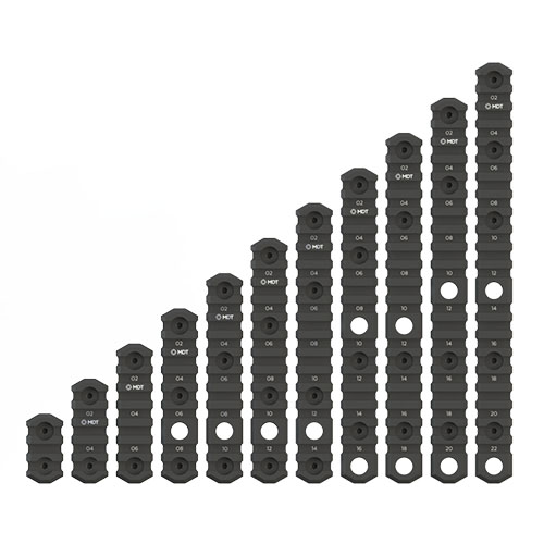 Les rails Picatinny M-LOK d'MDT en aluminium 6061-T6 offrent une finition durable, des marqueurs laser pour un montage précis et un support de sangle intégré.