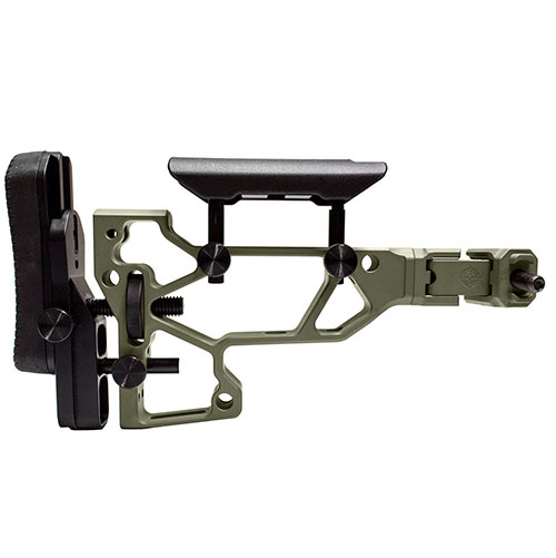 Le MDT Folding Rifle Stock offre un ajustement sans outil pour un confort optimal, avec des réglages horizontaux, verticaux et de cant pour s'adapter parfaitement à ta position de tir.