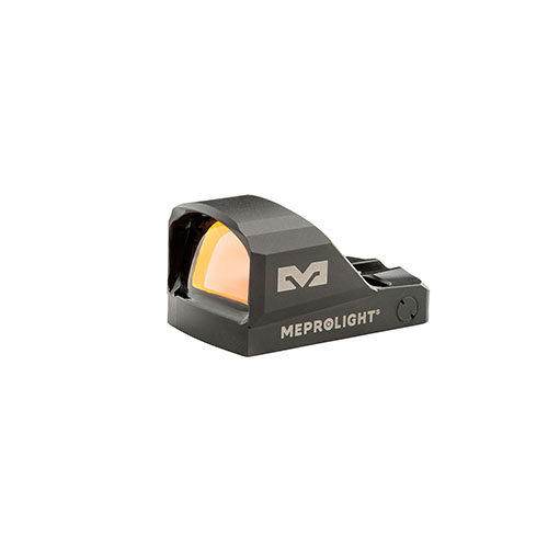 Il Mepro MPO-DS è un mirino reflex open emitter per pistole subcompatte, con reticolo rosso 3.5 MOA, controllo luminosità automatico e impermeabilità IPX7.
