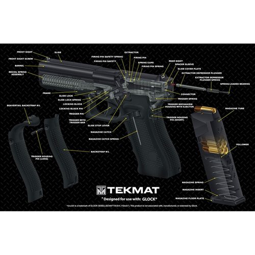 Das GLOCK® 3D Cutaway Mat von TEK MAT schützt deine Waffe vor Kratzern und deine Arbeitsfläche vor Chemikalien, während du sicher und bequem reinigst.