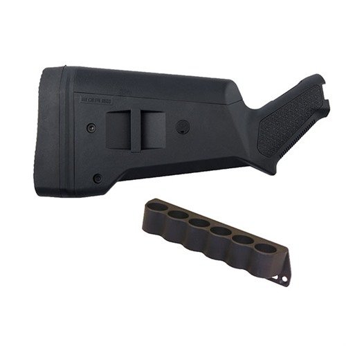 Le MOSSBERG 500 SGA Buttstock avec porte-cartouches de 6 coups offre ergonomie personnalisable, durabilité et recharges tactiques rapides pour ton fusil.