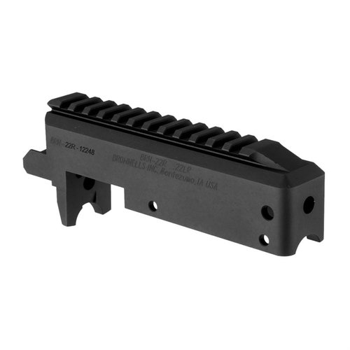 Il ricevitore BRN-22 di Brownells è realizzato in alluminio 6061 T6, compatibile con Ruger® 10/22®, con finitura anodizzata nera e accesso per la pulizia.