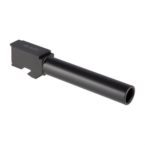 Il Match-Grade Barrel per Glock® 21 in acciaio inox 416R offre precisione, finitura Black Nitride anti-corrosione e compatibilità con proiettili economici.