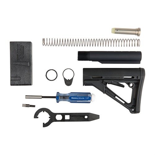 Tutto il necessario per montare il Magpul CTR sul tuo lower receiver AR-15, incluso un cacciavite, bit, tubo di buffer e kit di montaggio.