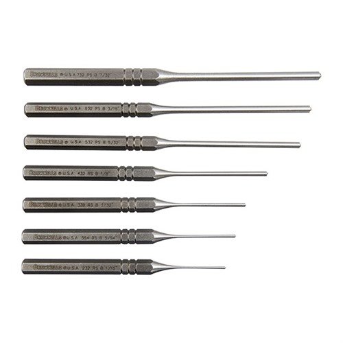 Die Brownells Premium Roll Pin Punches aus gehärtetem Kohlenstoffstahl bieten präzise Ausrichtung und Schutz beim Entfernen und Einsetzen von Rollstiften in Feuerwaffen.
