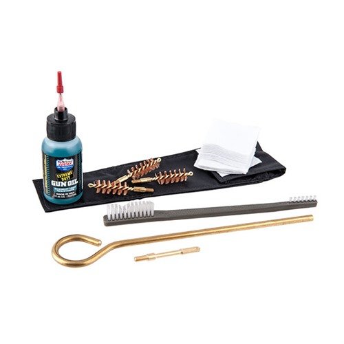 Il kit di pulizia per pistole Brownells include tutto il necessario per pulire armi da fuoco, con componenti di alta qualità e una custodia pratica per il trasporto.