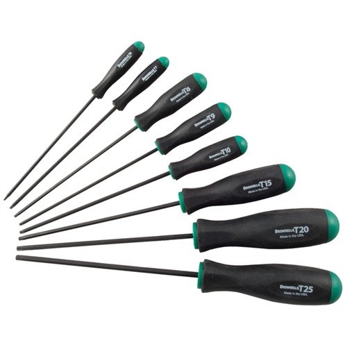 Il set di driver TORX® Brownells offre 8 dimensioni popolari, manici ergonomici per un'ottima presa e punte in acciaio resistente per un uso duraturo.