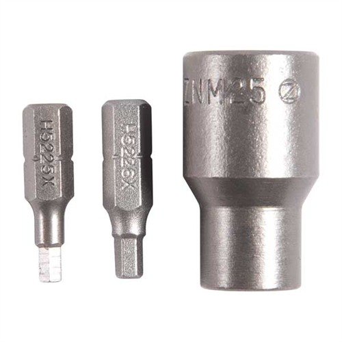 Le CARRIER KEY BIT KIT de Brownells comprend deux embouts hexagonaux pour vis de clé de porte-boulon et un adaptateur pour clé dynamométrique 3⁄8