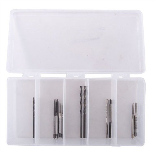 Il DRILL & TAP STARTER KIT offre punte e filettature di alta qualità per montare mirini e basi di ottica su fucili e pistole, tutto in un pratico case.