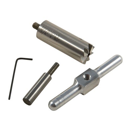 Il cutter per faccia a 90° in acciaio temprato ripara e squadra i muzzi di fucili e pistole, con manico e pilota intercambiabile per diversi calibri.