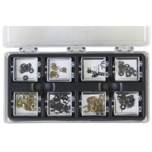 L'E-CLIP KIT di BROWNELLS offre 160 clip in 8 misure, essenziali per riparazioni rapide su fucili e pistole, evitando costi elevati e attese.