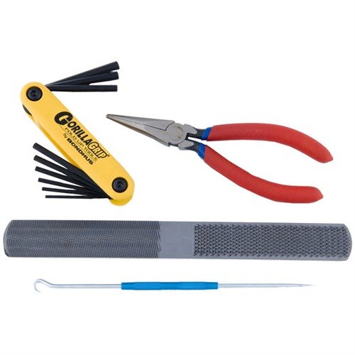 Das Basic Gunsmithing Add-On Pack No. 1 von Brownells bietet dir vielseitige Werkzeuge wie die 4-in-1 Hand Rasp und faltbare Hex-Tools für präzise Reparaturen.