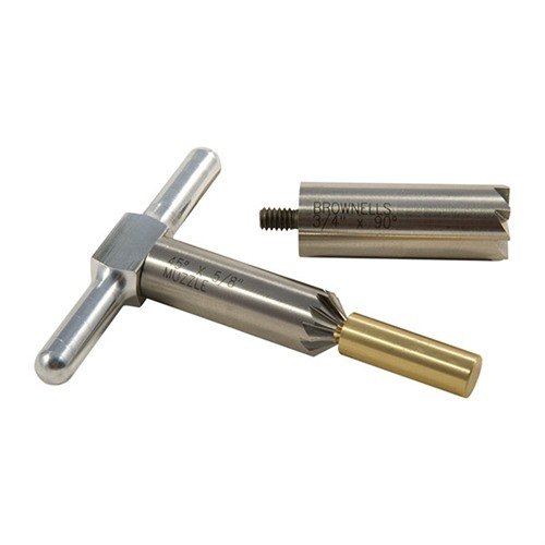 Le BRASS ONE CALIBER SET te permet de squarer et chanfreiner les canons de fusils et de pistolets facilement, avec des outils interchangeables pour différents calibres.