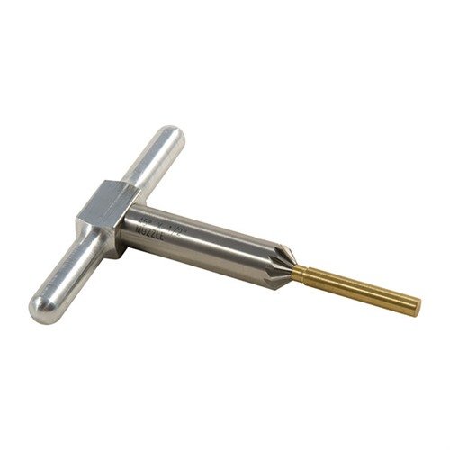 Il cutter di smussatura a 45° rompe gli spigoli vivi per un'uscita pulita del proiettile e velocizza il ricaricamento nei revolver, con manico e pilota in ottone.