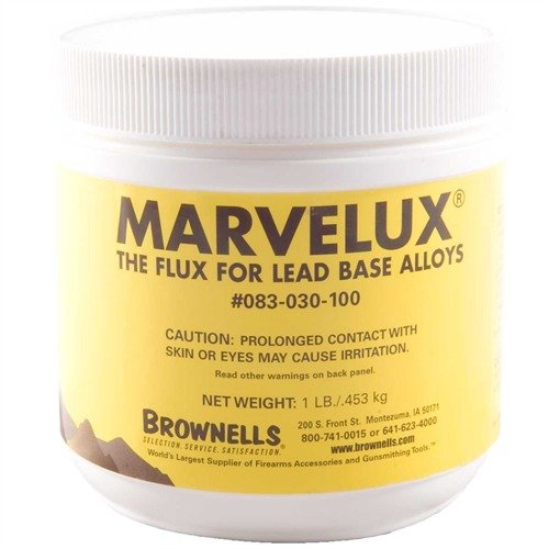 Il MARVELUX® Bullet Casting Flux di Brownells è non corrosivo, privo di fumi e odori, riduce la formazione di dross e migliora la fluidità delle leghe per proiettili.