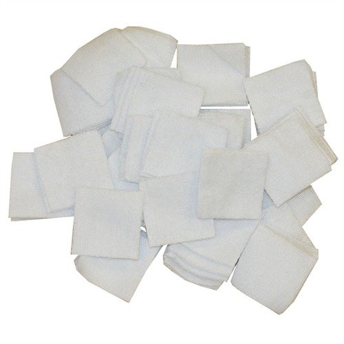 Scegli i tuoi panni di pulizia quadrati in cotone al 100% Brownells, disponibili in sacchetti richiudibili da 100 o 1000, perfetti per escursioni di caccia o tiro.