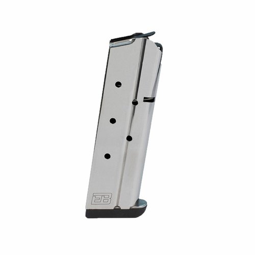 Caricatore Ed Brown per 1911 in acciaio inox, 8 colpi, robusto e affidabile, compatibile con .38 Super, 9mm Luger e 10mm Auto, finitura Silver o Black Nitride.