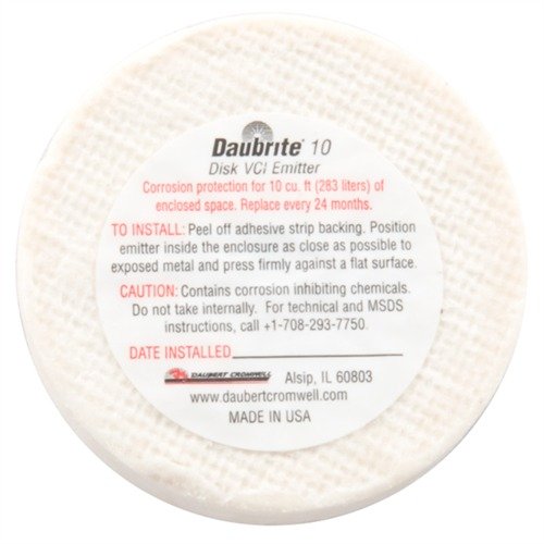 Il DAUBRITE® 10 DISK VCI EMITTER protegge metalli da umidità e corrosione, emettendo vapori VCI per 24 mesi e coprendo fino a 10 cu. ft. di spazio.