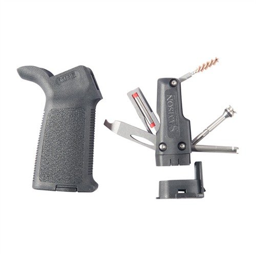 Il MOE Grip AR-15 con Field Survival Tool offre un kit di attrezzi compatto per riparazioni rapide, comfort migliorato e controllo dell'arma, tutto in un grip resistente.