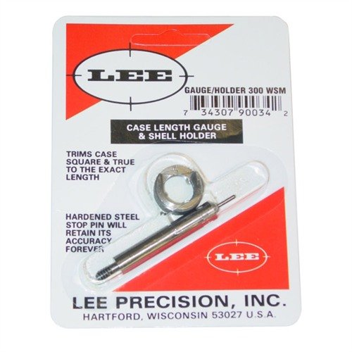 Le Case Length Gauge de LEE PRECISION te permet de couper avec précision et d'égaliser l'embout de tes douilles .300 WSM, facile à utiliser avec le Cutter et Lock Stud.