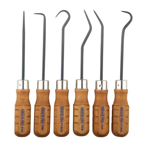 Das 6-teilige Hook and Pick Set von GRACE USA bietet dir langlebige Werkzeuge aus US 8650 Chromium-Vanadium Stahl mit Holzgriffen für präzise Arbeiten.