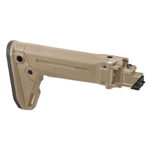 Il Magpul Zhukov-S Stock è un calcio pieghevole e telescopico per AK, con supporti QD, riser modulari e un pad in gomma per una presa superiore.