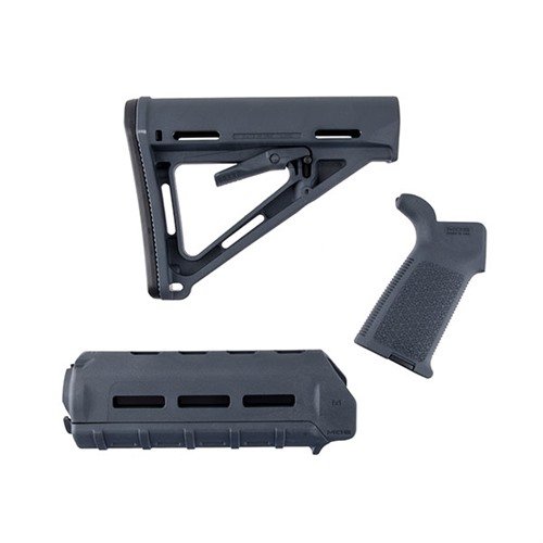 Aggiorna facilmente il tuo fucile con il set di mobili Magpul MOE, che include il calcio MOE Mil-Spec, il forend MOE carabina e il grip MOE, disponibile in grigio.