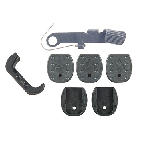 Il Vickers Glock Accessory Pack offre un rilascio del caricatore esteso per cambi rapidi, piastre di base resistenti e un pad per il pollice per un uso efficiente.