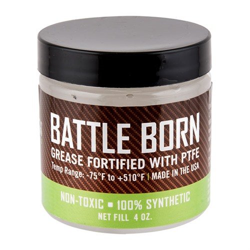 BATTLE BORN GREASE offre una lubrificazione premium per armi, coltelli e attrezzature da pesca, resistente all'acqua e alle temperature estreme da -75 °F a +510 °F.