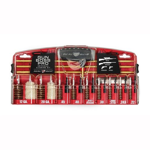Il Kit di Pulizia Universale Gun Boss Pro di Real Avid offre tutto il necessario per pulire fucili, pistole e fucili a pompa in vari calibri, con accessori di alta qualità.