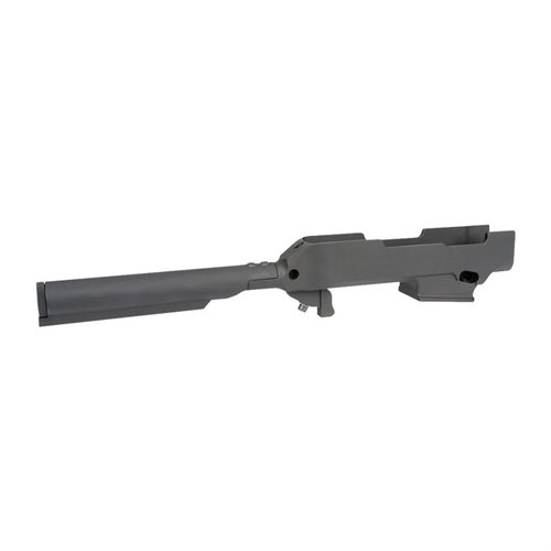 Il RUGER® PC CARBINE™ TAKEDOWN CHASSIS offre installazione facile, accesso al caricatore, tubo per calciolo a sei posizioni e scomparto impermeabile, tutto in alluminio 6061.