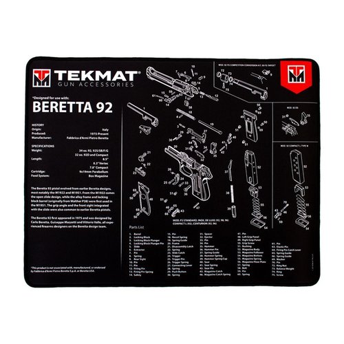 Der TekMat Ultra 20 Pistol Cleaning Mat ist wasserdicht, kratzfest und bietet eine Parts-Liste für einfache Montage und Demontage deiner Beretta 92.
