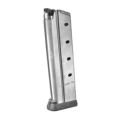Il caricatore 9R-10mm-RG da 9 colpi per pistole Government Full Size offre una finitura in acciaio inossidabile, un follower ibrido e un basepad rimovibile.