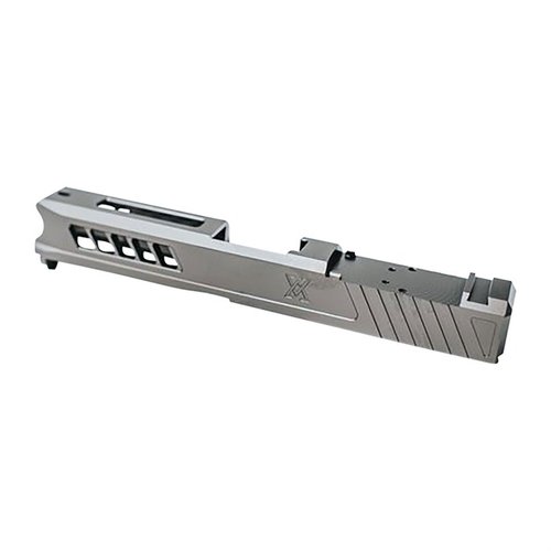 Slide Axiom per Glock 43/43X, realizzata in acciaio inox 17-4ph, con taglio RMSc e copertura per uso senza ottiche, disponibile in Stealth Grey.