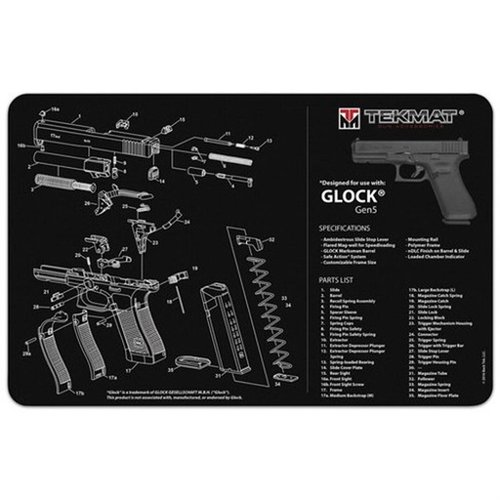Il TekMat Ultra 20 è impermeabile, resistente ai graffi e agli oli, con schemi per una facile disassemblaggio della Glock Gen5 e un elenco parti per una manutenzione precisa.