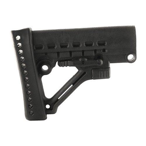 Il buttstock Archangel® è regolabile in 6 posizioni, compatibile con tubi commerciali, costruito in polimero rinforzato, con pad di riciclo in gomma e garanzia a vita.