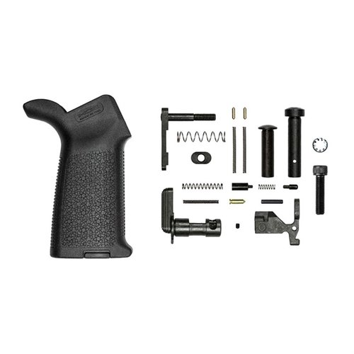 Il kit M4E1 Lower Parts con grip Magpul MOE offre tutti i componenti necessari per assemblare un lower receiver, senza FCG, perfetto per personalizzazioni.
