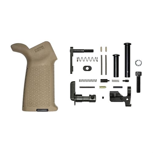Le kit de pièces inférieures M5 d'Aero Precision avec grip Magpul MOE est idéal pour assembler ton récepteur M5, sans groupe de contrôle de tir, et en FDE.