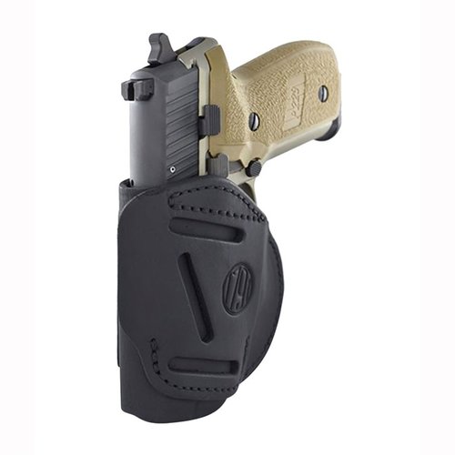 Das 4-Way Holster aus hochwertigem amerikanischem Rindsleder ermöglicht vielseitige Trageoptionen und passt für viele gängige Modelle wie Glock und Sig Sauer.