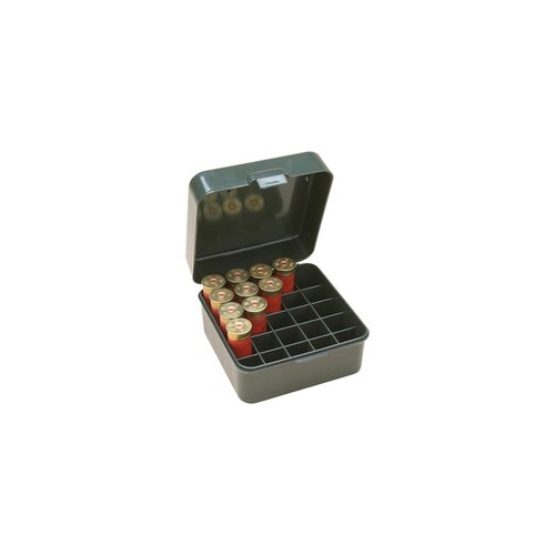 Die MTM Shotshell Box bietet Platz für 25 Schüsse, ist flip-top und ideal für 12 und 20 Gauge bis 3 Zoll – perfekt für deine nächste Jagd!