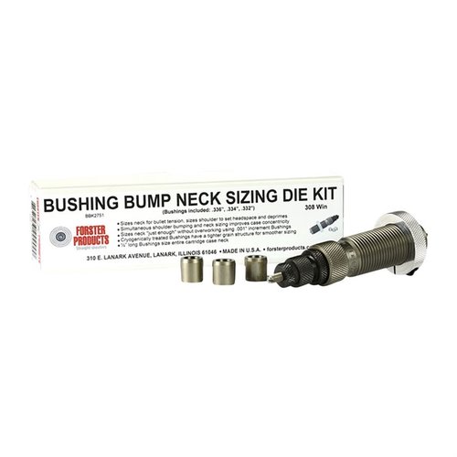 I kit di die Forster Bushing Bump Neck offrono un controllo preciso della tensione nel collo delle cartucce, con die lucidati a mano e bussole selezionate.