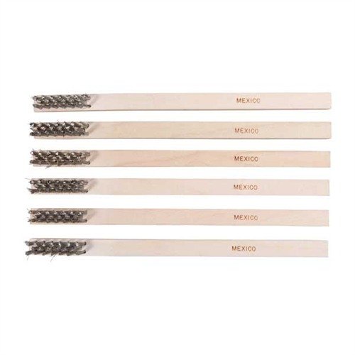 Spazzole per armi heavy-duty con manico in legno, set di 6, disponibili in acciaio inox, ottone o nylon, ideali per una pulizia efficace e duratura.