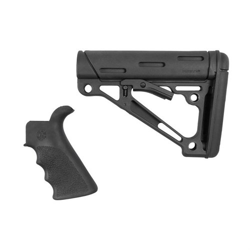 Il kit Hogue include una presa beavertail in gomma con scanalature per le dita e un calciolo collassabile, offrendo comfort e stabilità senza movimenti indesiderati.