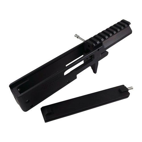 Ricevitore sostitutivo per Ruger® 10/22®, lavorato CNC in alluminio, finitura anodizzata nera. Permette la rimozione di bolt e firing pin senza separare dal calcio.