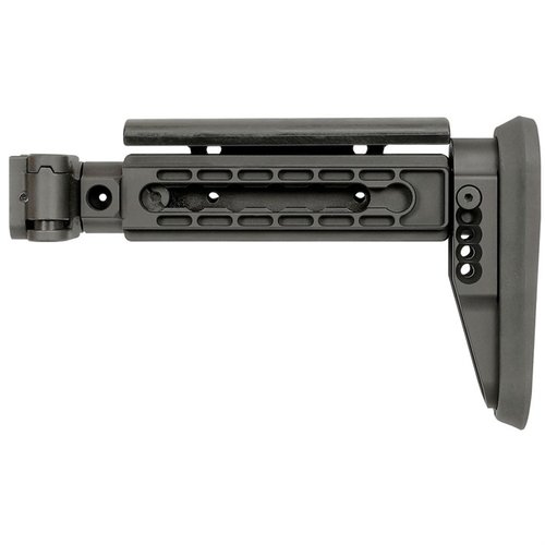 Der AK ALPHA SERIES FOLDING STOCK von MIDWEST INDUSTRIES bietet eine verstellbare Wangenauflage, eine robuste Seitenklappmechanik und ist 100% in den USA hergestellt.